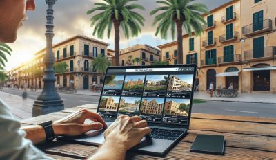 Makler mit Immobilienanzeigen auf einem Laptop in Palma Mallorca